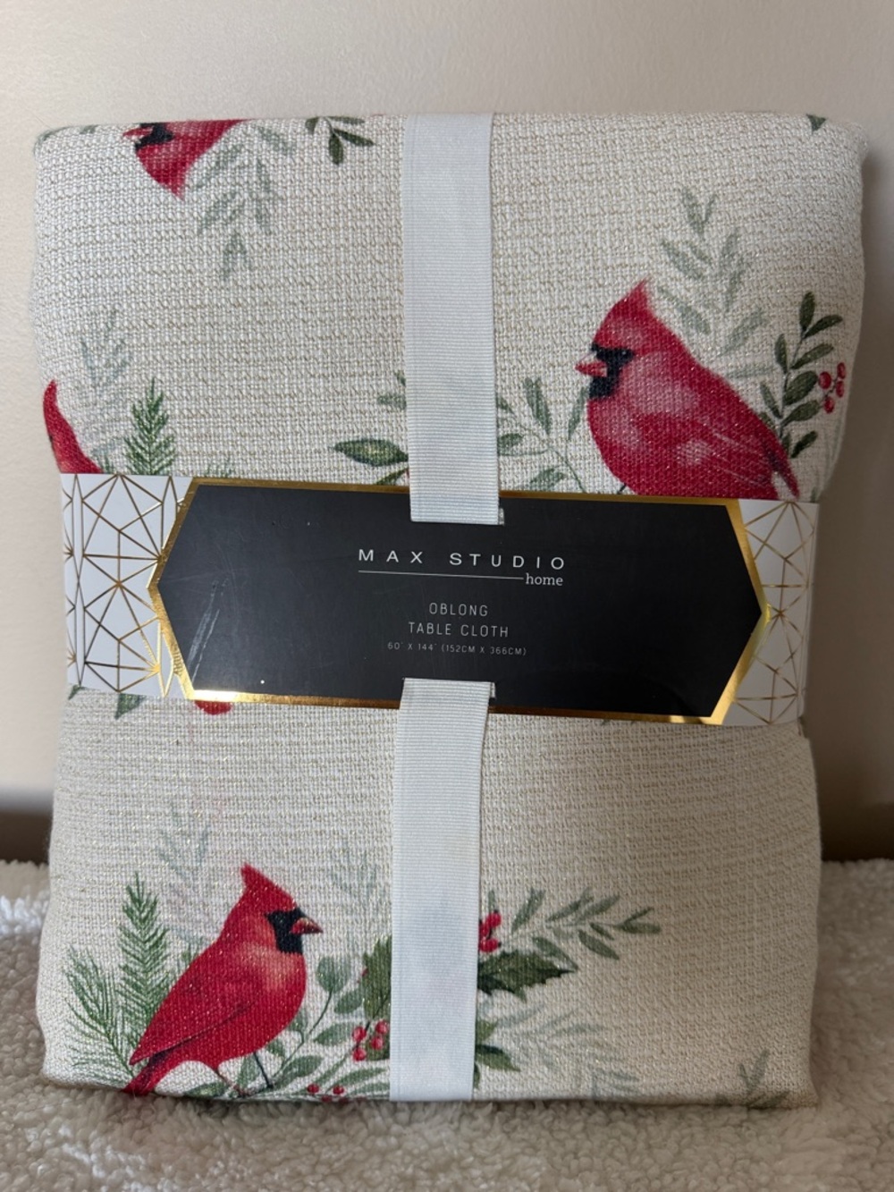 Max Studio Holiday Christmas Tablecloth Cardinal Red Berry Gold 60x144 NEW!